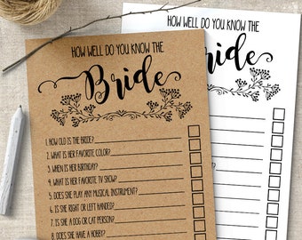 How Well Do You Know the Bride, Bridal Shower game, printable rustic games, party games, G101