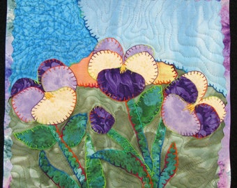 Whimsical Pansy Art Quilt, Quilted Wall Hanging, Flower Fiber Art Quilt, Handmade Quilt, Home Decor, Gift for Pansy Lover, 10" x 10 "