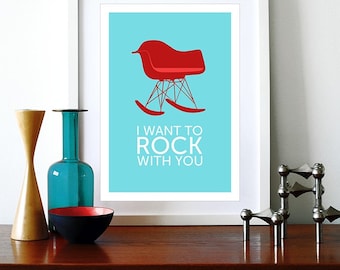 Eames poster print chair Mid century modern Herman Miller vintage retro office home - I Want To Rock With You Red A3