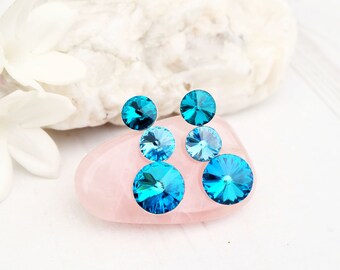 Sea blue Swarovski crystal earrings bridesmaid wedding Swarovski jewellery Sterling Silver stud earrings 3 Rivoli earring Bermuda Blue