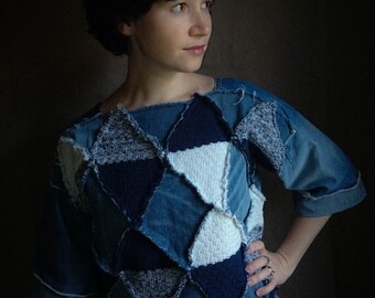 Upcycled cotton-jeans oversized sweatshirt europ XS/S and M/L