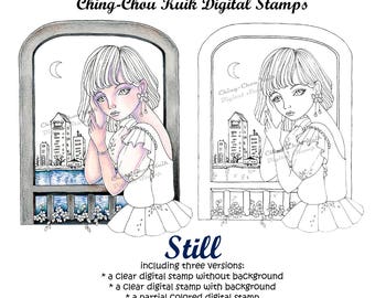 Still- PRINTABLE Instant Download Digital Stamp / City Scene Moon Night Fashion Lady Girl Art by Ching-Chou Kuik