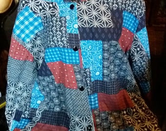 vintage patchwork hippie jacket with hood and furry lining