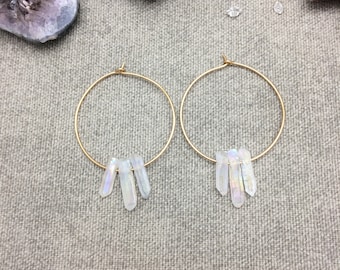 Quartz Hoop Earrings, Raw Quartz Point Earrings