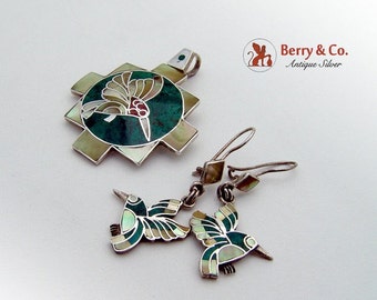 SaLe! sALe! Hummingbird Earrings And Pendant Sterling Silver Mother Of Pearl Malachite