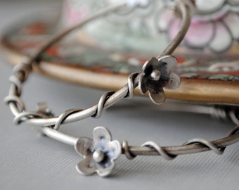 Sterling Silver Hoop Earrings, Flower Hoop Earrings, Wire Wrapped, Bohemian Jewelry, Nature Inspired, Oxidized, Boho, Floral, Branch, Gift