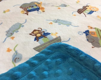 Minky Blanket - Noah's Ark Print Minky with Vibrant Turquoise Dimple Dot Minky Backing - great for baby or toddler