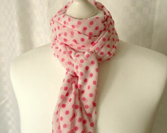 Polka dot scarf, White and pink polka dot scarf, Dot print, scarf, Scarf for her, Lightweight scarf, Fashion scarf, Shawl