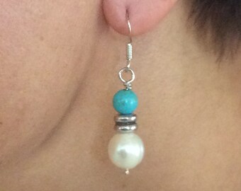 Pearl and turquoise dangle earrings