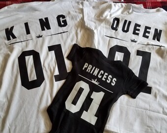 King Queen Prince Princess 01 Father Mother Daughter Son Matching shirts , King and Queen shirts, 100% cotton Tee, CUSTOM NUMBERS