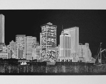 FINAL SALE New York City Vintage Delbart Duchein 1980 Lower Manhattan Skyline at Night Signed Lithograph