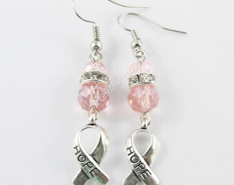 Pink Crystal Hope Awareness Ribbon Charm Hook Earrings 52mm Brass Hooks