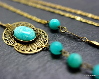 Luna long art deco necklace, long necklace art deco amazonite, bronze