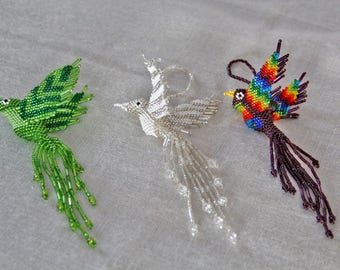Hummingbird Holiday Ornament, Beaded Christmas Tree Ornament, Guatemalan-made