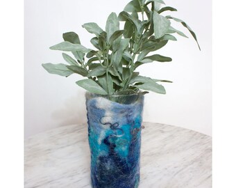 Blue Wet Felted Wool Vase Cover