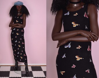 90s Butterfly Print Maxi Dress/ Small/ 1990s/ Tank/ Sleeveless