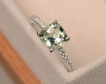 Green amethyst ring, cushion cut, sterling silver, engagement rings, gemstone ring