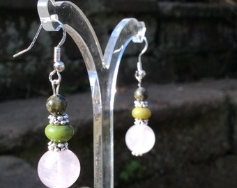 Connemara marble. Rose Quartz earrings. Irish Jewelry green gemstone gift craft