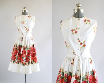 Vintage 1960s Dress / 60s Cotton Dress / Red Tropical Hawaiian Floral Border Print Dress w/ Waist Tie M
