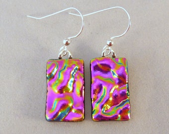 Pink Dichroic Fused Glass Earrings, Dangle, Fused Glass, Glass Earrings, Dichroic Earrings, Pink Earrings, Dichroic Glass Earrings, Pink