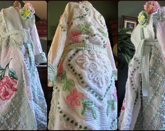 Heirloom Stained Glass Chenille Robe with Double HOLLYHOCK Corsages ~ Elaborate Rose Designs on this Handmade Bathrobe ~ May fit up to 1x