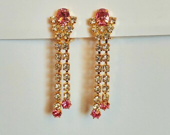 Vintage PINK RHINESTONE EARRING / Glamorous earrings / Gold Plated / Prong set / Unused Old Factory Stock / Gift Boxed