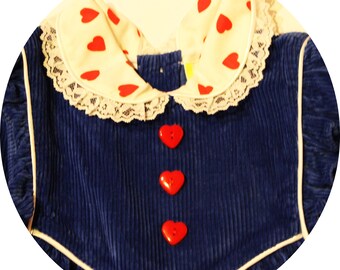 VTG Valentine Heart Embellished Blue Corduroy Baby Girl Longalls - Snaps - Lace trimmed Collar Embellished with Bear Heart - SZ 3 - 6M