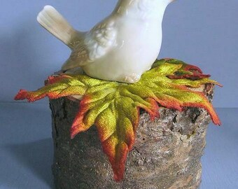 Naturalist Decor Garden Gift Vintage Bird Figurine Perched on Reclaimed Wood Upcycled Recycled Repurposed