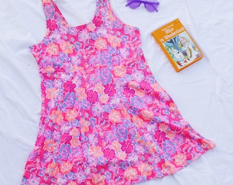 90s Floral Grunge Dress Baby Doll with Fluro Print Festival Party