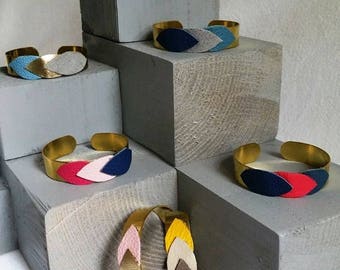 Cuff leather and brass "3 petals" multicolored leathers to choose / gift idea for women and teens, genuine leather hand made