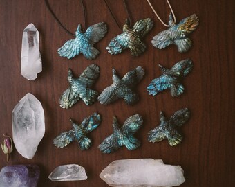 Labradorite Hand Carved Raven Necklace | unisex | crystal necklace | magical | bird | crow | natural stone | blue green yellow orange