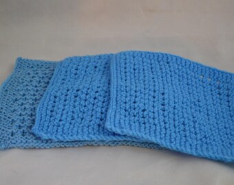 Blue Knit Washcloths, Knitted Coasters, Cotton Washcloths, Set of 3 Washcloths, Knitted Dishcloths, Mothers Day Gift Idea