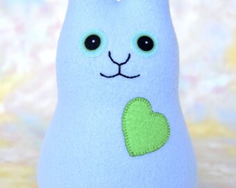 Handmade Bunny Rabbit Stuffed Animal, Baby Blue, Med Green Fleece, Plush Kids Baby Toddler Doll Toy, Hug Me Bunny, Personalized Tag, 9 inch