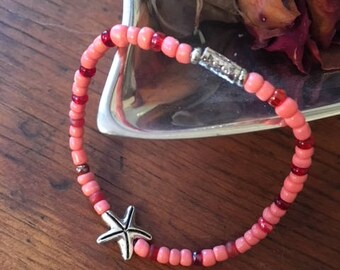 Coral Glass Bead Starfish Stretch Bracelet