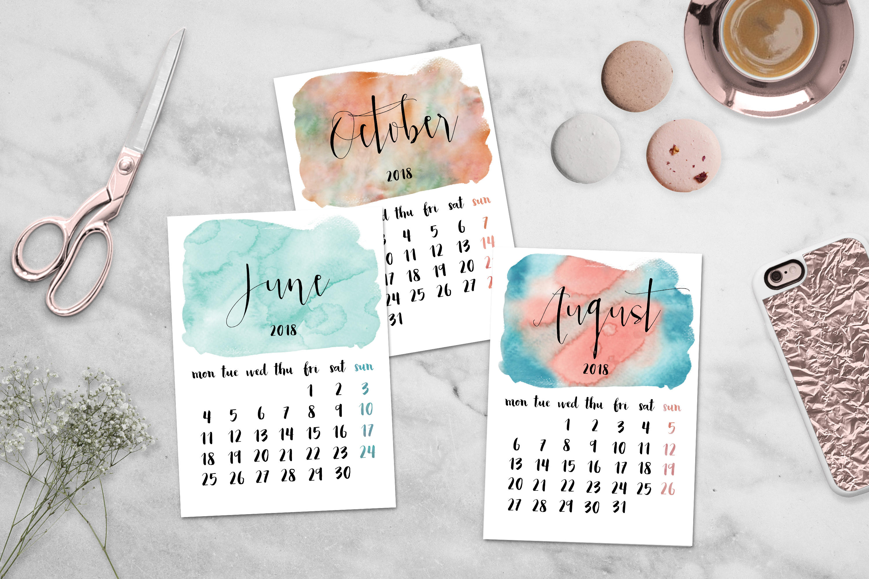 2018 Calendar Printable Watercolor Calendar 5x7 Desk Calendar