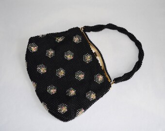 Vintage 50s 60s Pink Roses Floral Black Beaded Purse Bag Handbag Clutch 1960s 1950s VLV