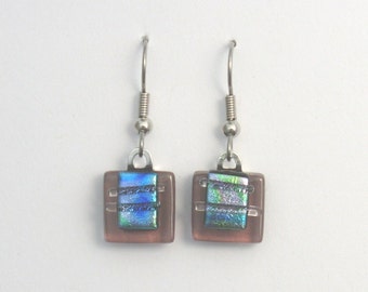 Pink dichroic glass earrings, Fused glass jewelry, Art glass earrings, Dangle earrings, Kiln fired glass earrings, Fused glass, EA137