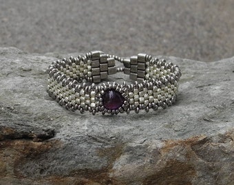 Free Form Peyote Stitch Beaded Bracelet - Bead Weaving - Amethyst Cabochon - Silver Galvanized BOHO