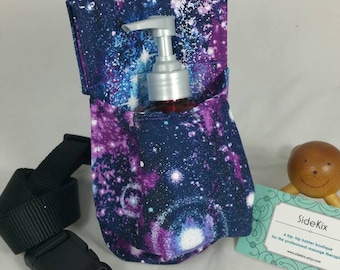 Massage Therapy 8oz cream jar hip holster, Sparkly Purple Galaxy, black belt