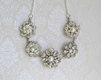 Statement wedding Necklace bridal statement pearl jewelry Crystal necklace Pearl crystal Bridal necklace rhinestone Bridal Jewelry