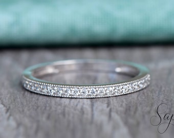 Half Eternity Milgrain Diamond Wedding Band in 14k Rose Gold,Sapphire/Moissanite Gemstone Stacking Ring,Diamond Band, Sttackable by Sapheena