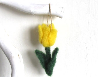 Yellow felt tulip ornament, spring decorations, needle felted tulip flower