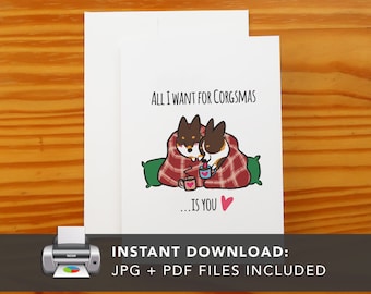 PRINTABLE Tricolor Corgi Snuggle Greeting Card | Printable Holiday Cards | Corgis I Love You Greeting Card | Instant Download JPG PDF
