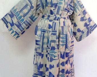 Kimono dressing gown blue and white woven cotton ikat and patchwork