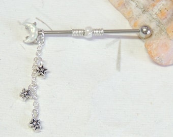 Moon Industrial Barbell with Star Dangle, Glitter Opal Barbell, Scaffold Ear Earring, Industrial Piercings, Wire Wrapped Barbell