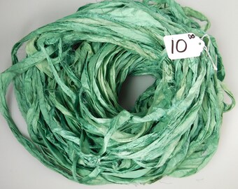 Silk Sari Ribbon, Sari silk ribbon, recycled ribbon, green sari ribbon, silk ribbon, rug supply, knitting supply, Hand dyed sari ribbon