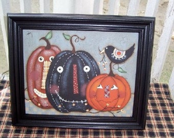 Primitive Fall Pumpkin-Crow Handpainted Canvas-Framed