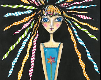 Cute - Whimsical - Funky - Sassy Girl with Flower and Crazy Hair - Art Print - Original