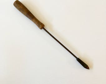 Antique Vintage 10.75" Wood Handle Flame Heated Soldering Iron with Copper Tip