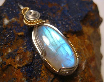 Rainbow Moonstone Wire Wrapped Pendant in Sterling Silver & 14k Gold Filled Wire